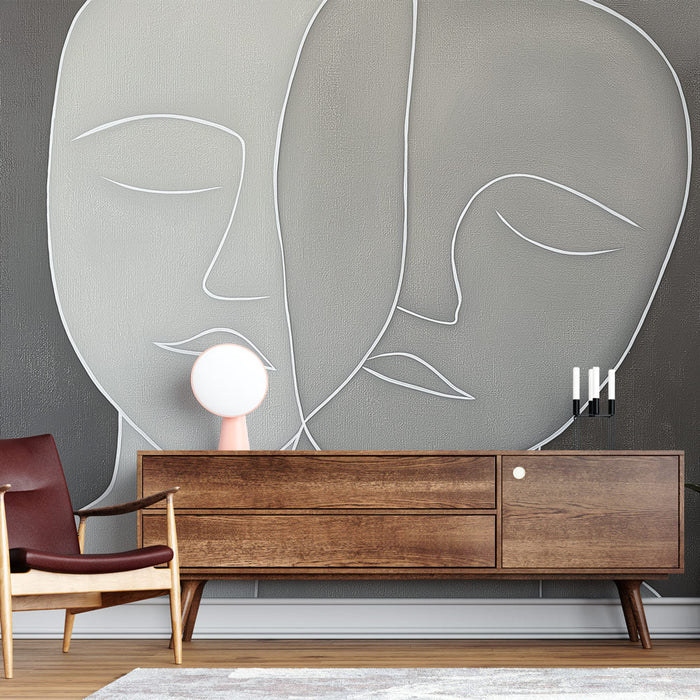 Mural Wallpaper abstract face | Two stylized faces in shades of gray