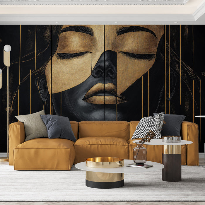 Mural Wallpaper abstract face | Artistic portrait in black and gold