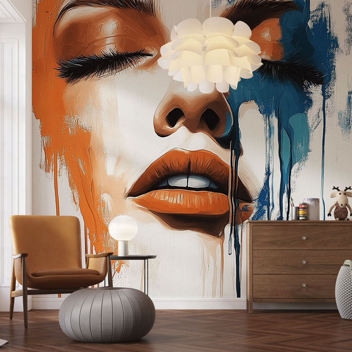 Mural Wallpaper abstract face | Female portrait with splashes of orange and blue paint