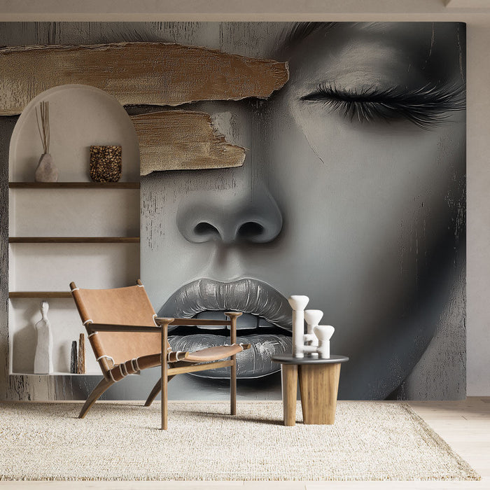 Mural Wallpaper abstract face | Female portrait in shades of gray and golden accents