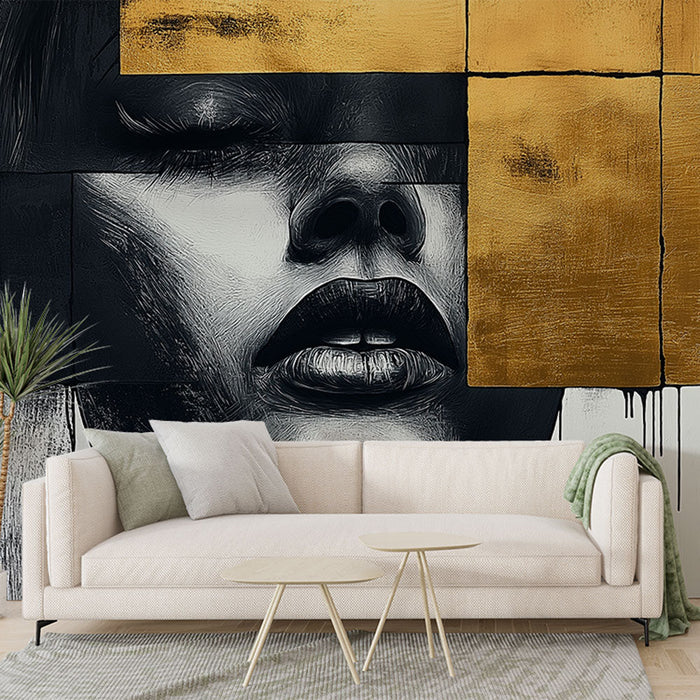 Mural Wallpaper abstract face | Stylized female portrait with golden touches