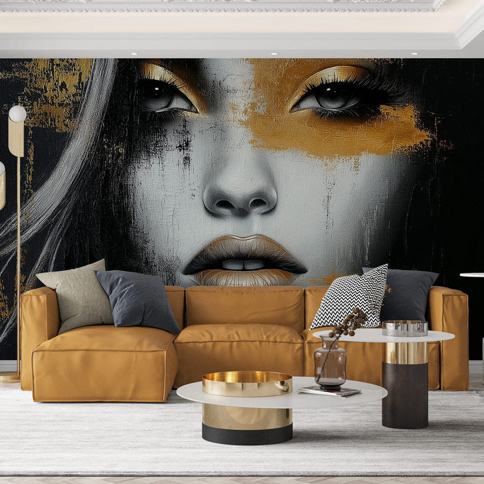 Mural Wallpaper abstract face | Modern portrait with golden and black touches