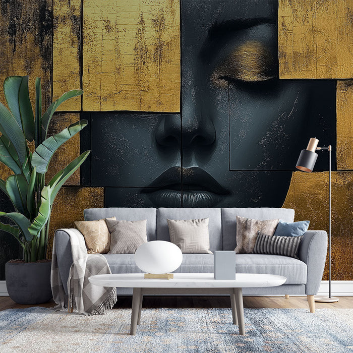 Mural Wallpaper abstract face | Stylized portrait in black and gold