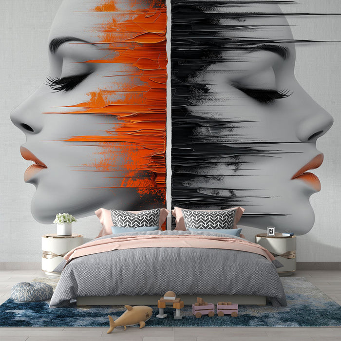 Mural Wallpaper abstract face | Stylized portraits in orange and black gradient