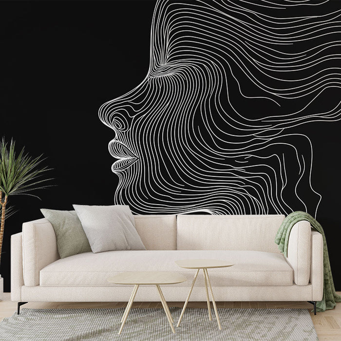 Mural Wallpaper abstract face | Woman silhouette in fluid lines on black background