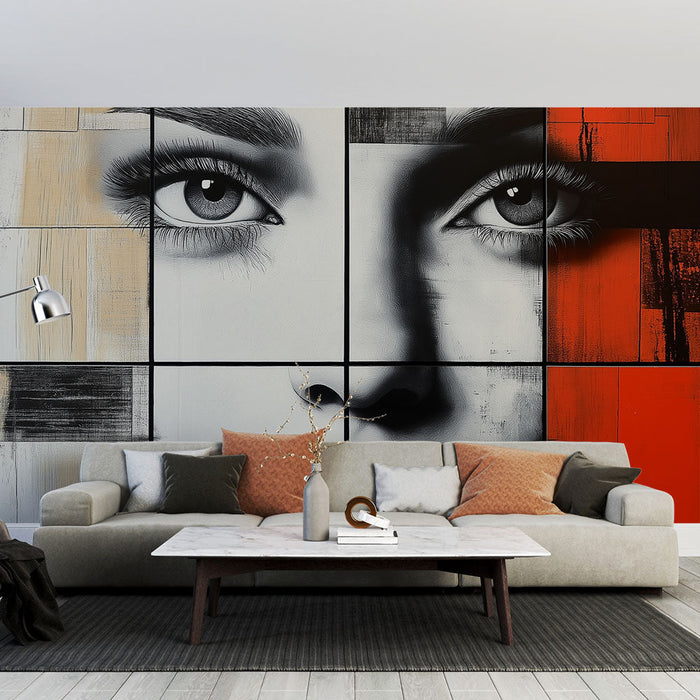 Mural Wallpaper artistic face | Abstract expression in black, white, and red