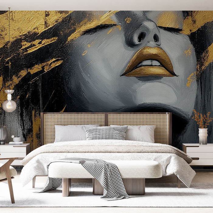 Mural Wallpaper artistic face | Abstract portrait in black, white, and gold