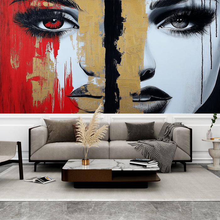 Mural Wallpaper artistic face | Abstract portrait in red, black, and gold