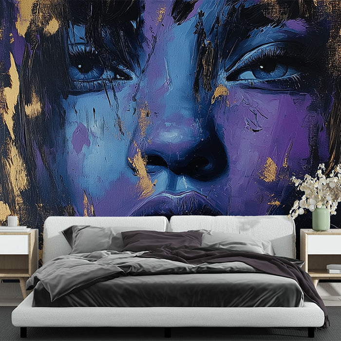 Mural Wallpaper artistic face | Portrait in contemporary style with shades of blue and golden touches