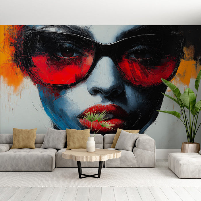 Mural Wallpaper artistic face | Portrait with red glasses on colorful background