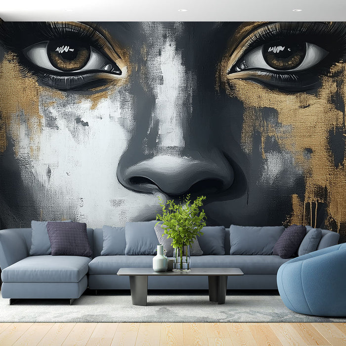 Mural Wallpaper artistic face | Contemporary portrait with golden touches