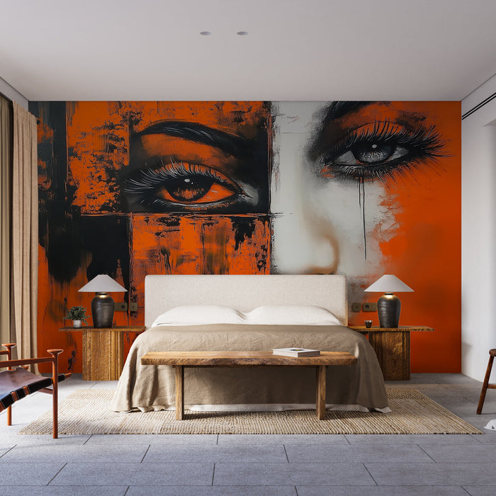 Mural Wallpaper artistic face | Contrasted portrait in orange and black tones