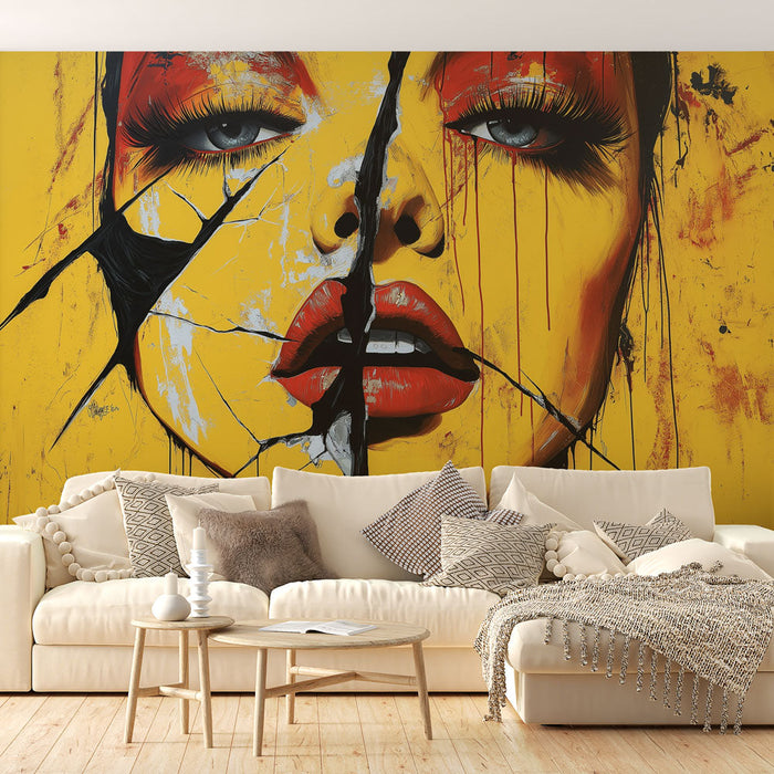 Mural Wallpaper artistic face | Shattered portrait on vibrant yellow background