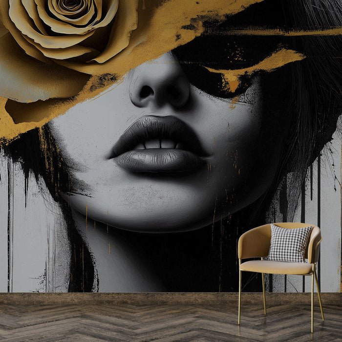 Mural Wallpaper artistic face | Elegant portrait with rose and golden shards