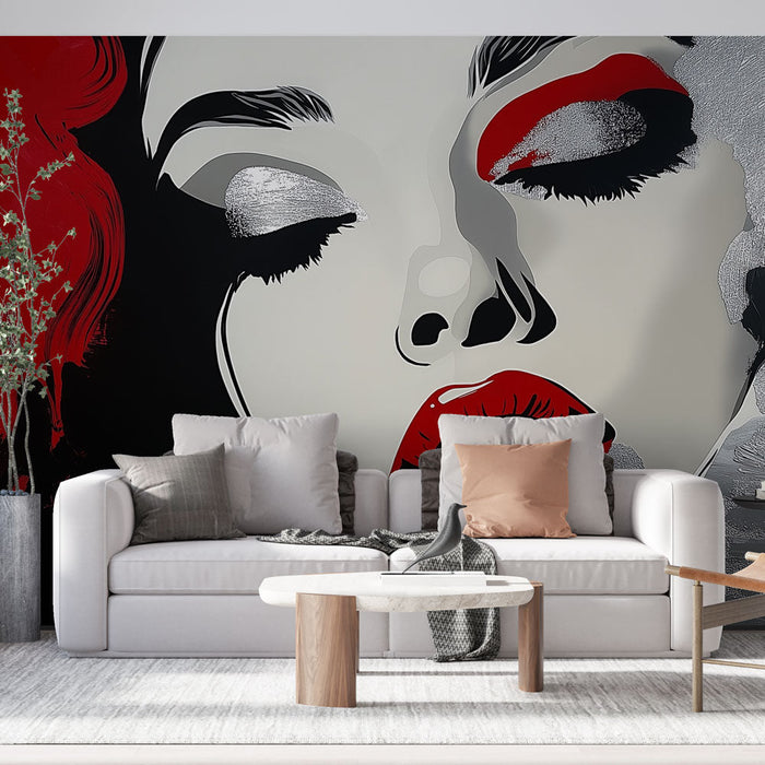 Mural Wallpaper artistic face | Elegant portrait in black, red, and silver