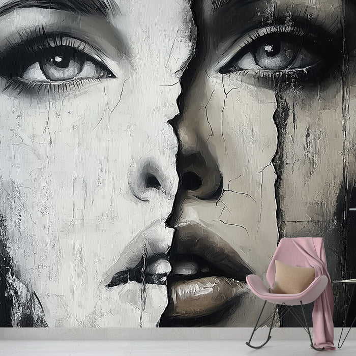 Mural Wallpaper artistic face | Black and white portrait with contrasting textures