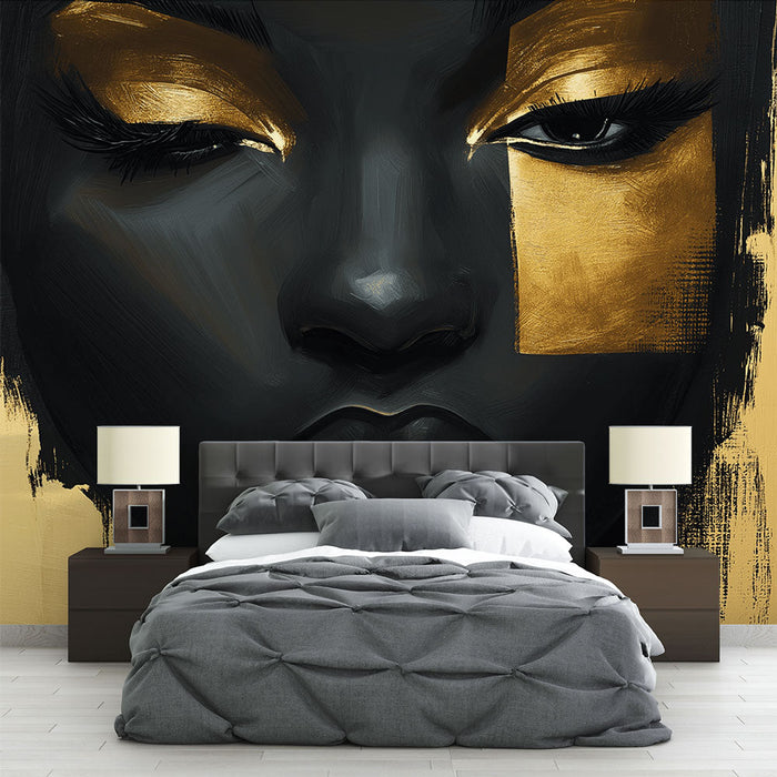 Mural Wallpaper artistic face | Dramatic black and gold portrait