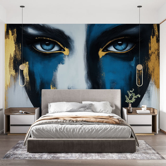 Mural Wallpaper artistic face | Modern portrait with golden splashes and blue shades