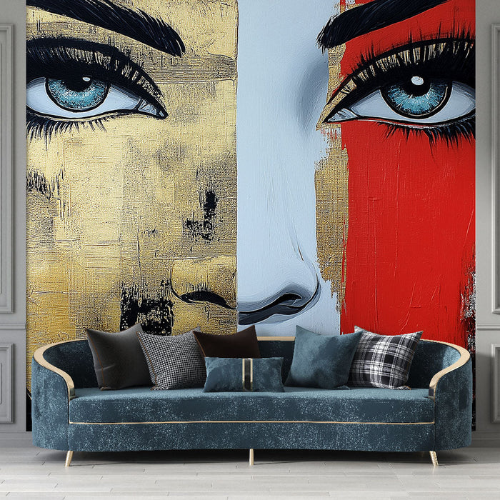 Mural Wallpaper artistic face | Modern portrait in gold, black and red