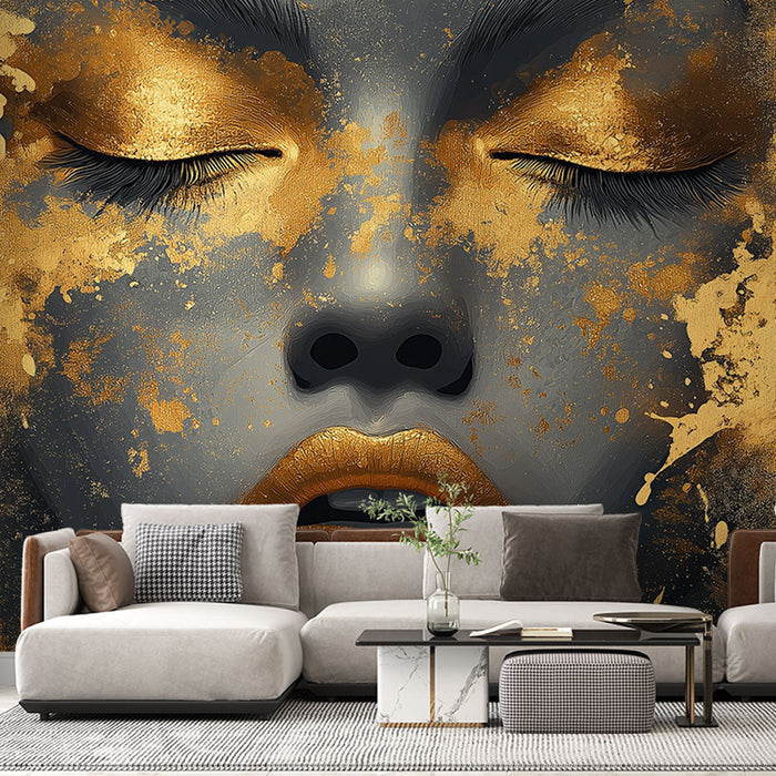 Mural Wallpaper artistic face | Stylized portrait with golden bursts