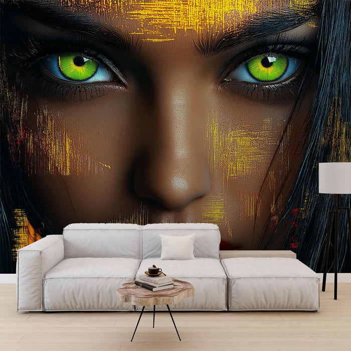 Mural Wallpaper artistic face | Stylized portrait with bright eyes and vibrant textures