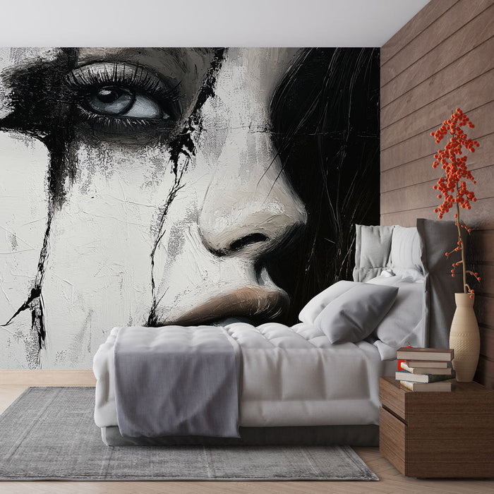 Mural Wallpaper artistic face | Stylized portrait in black and white with abstract cracks