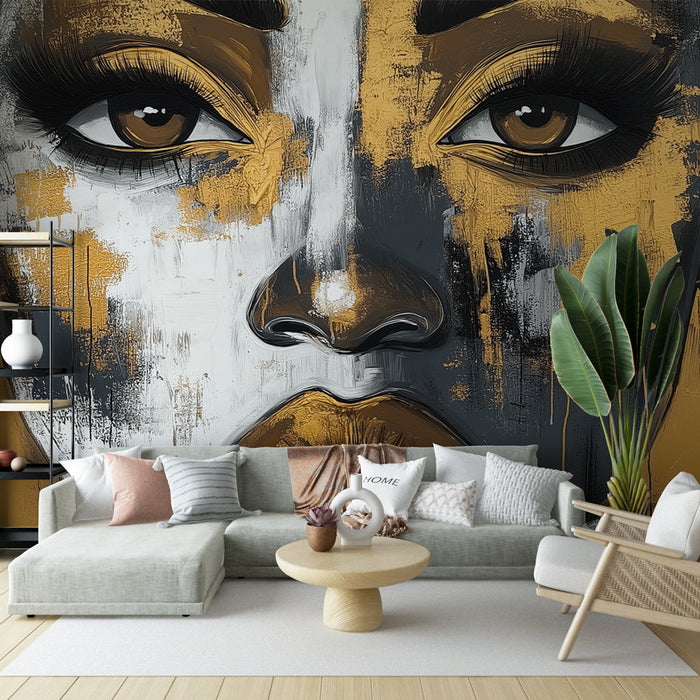 Mural Wallpaper artistic face | Stylized portrait in black and gold