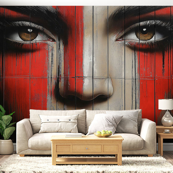 Mural Wallpaper artistic face | Female face with red and black patterns