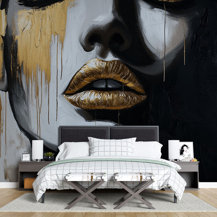 Златно лице на фототапет | Артистичен портрет със златни устни и пръски боя