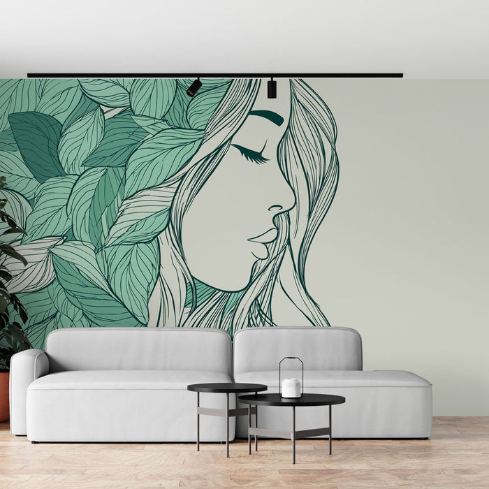 Tapete женско лице | Елегантна силует, ограден от зелени листа