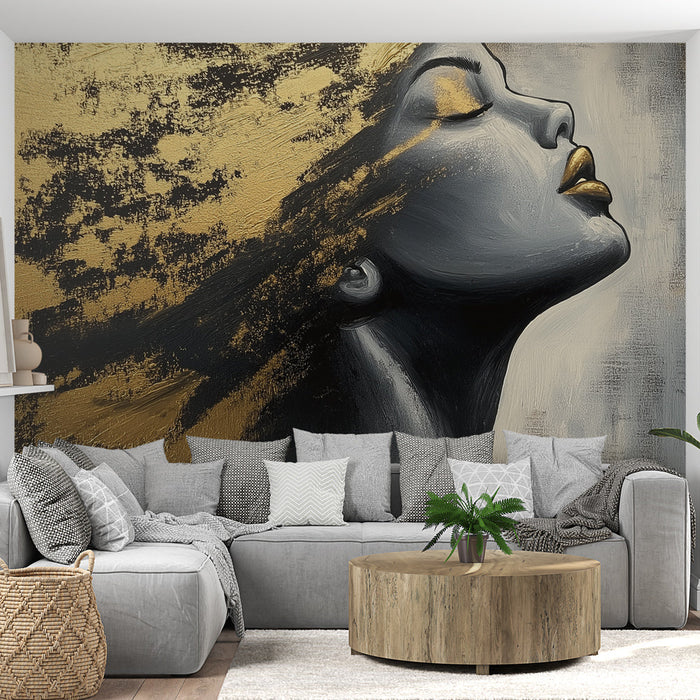 Mural Wallpaper female face | Artistic portrait with golden touches