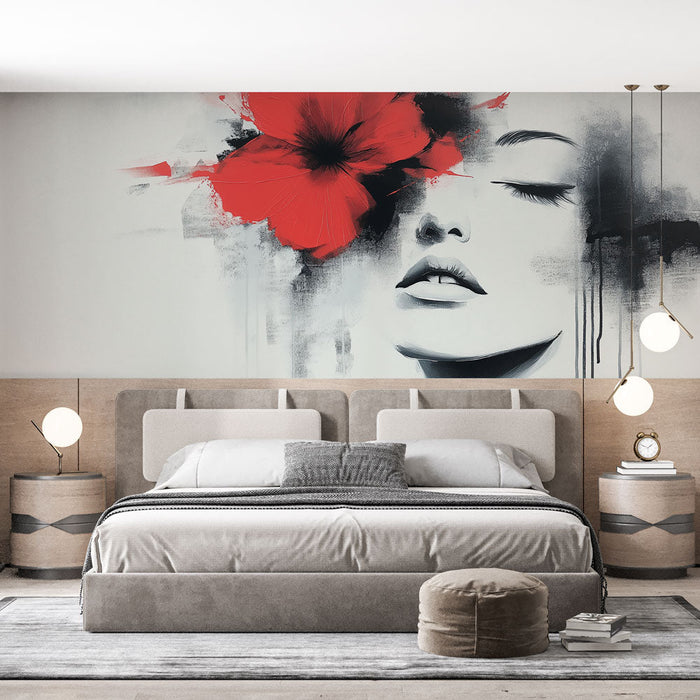 Mural Wallpaper floral face | A stylized woman with a bright red flower