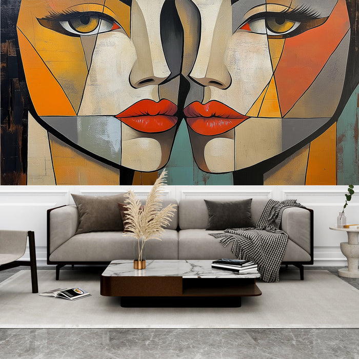 Mural Wallpaper geometric face | Symmetrical portraits in bright tones