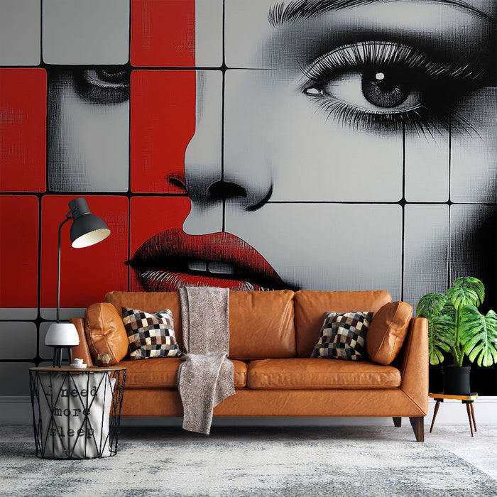 Carta da parati viso stilizzato | Ritratto astratto in nero, bianco e rosso