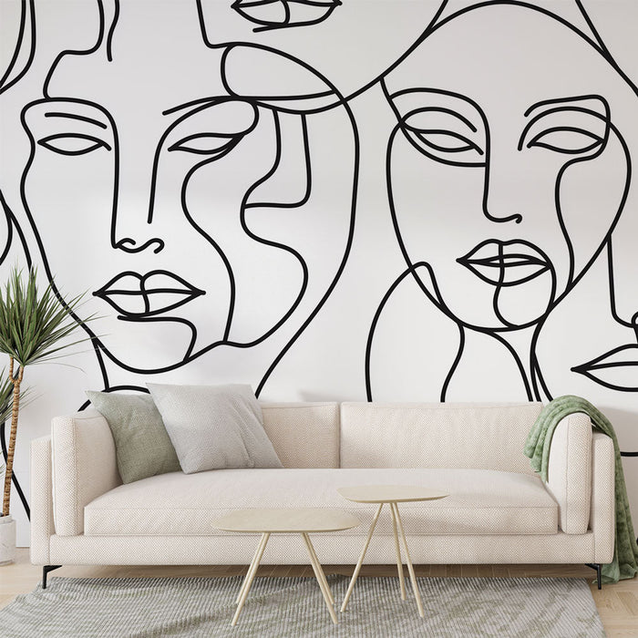 Mural Wallpaper abstract faces | Minimalist monochrome design