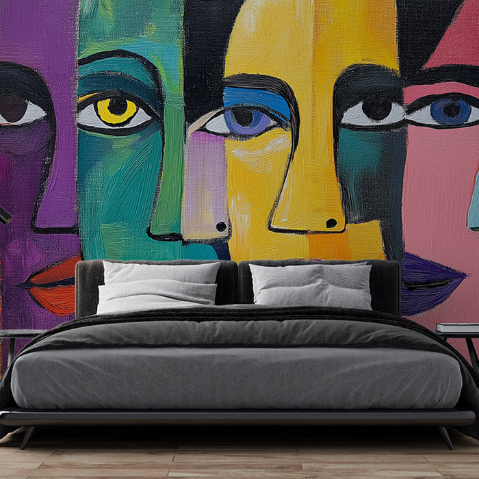 Mural Wallpaper colorful faces | A vibrant mural of abstract faces