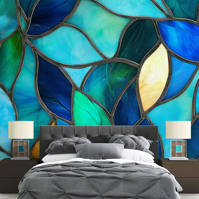 Mural Wallpaper blue stained glass | Translucent leaves and bright shades