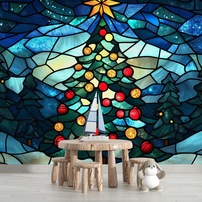 Fototapet stained glass Christmas | Farverigt juletræ i et levende vinterlandskab