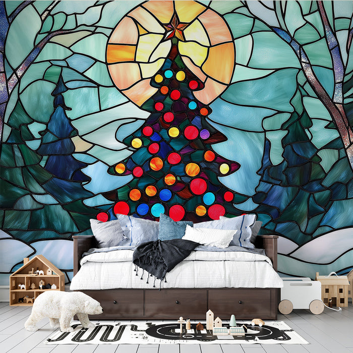 Carta da parati vetro colorato Natale | Albero di Natale colorato in un paesaggio invernale
