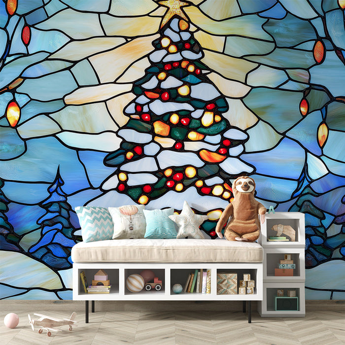 Carta da parati vetro colorato Natale | Albero di Natale illuminato in un paesaggio invernale