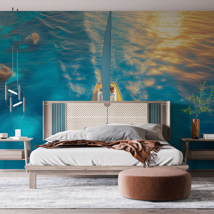 Maalitud tapeet purjejaht | Purjejaht türkiissinises vees päikeseloojangul