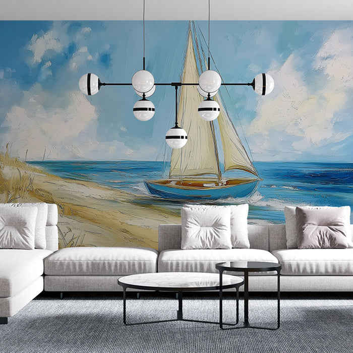 Fototapet seilbåt | En seilbåt som seiler fredelig på glitrende vann