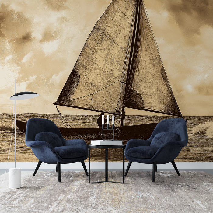 Tapeta vintage plachetnice | Plachetnice na klidném moři se sepiovými tóny