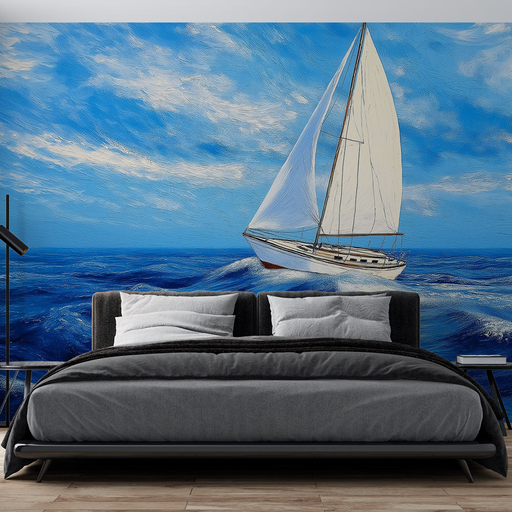 Foto Behang zeilboot | Zeilboot die vaart op een rimpelende azuurblauw —  WonderMural, image size:1000x1000