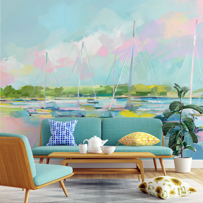 Tapet cu bărci cu pânze în port | Pictură pastelată