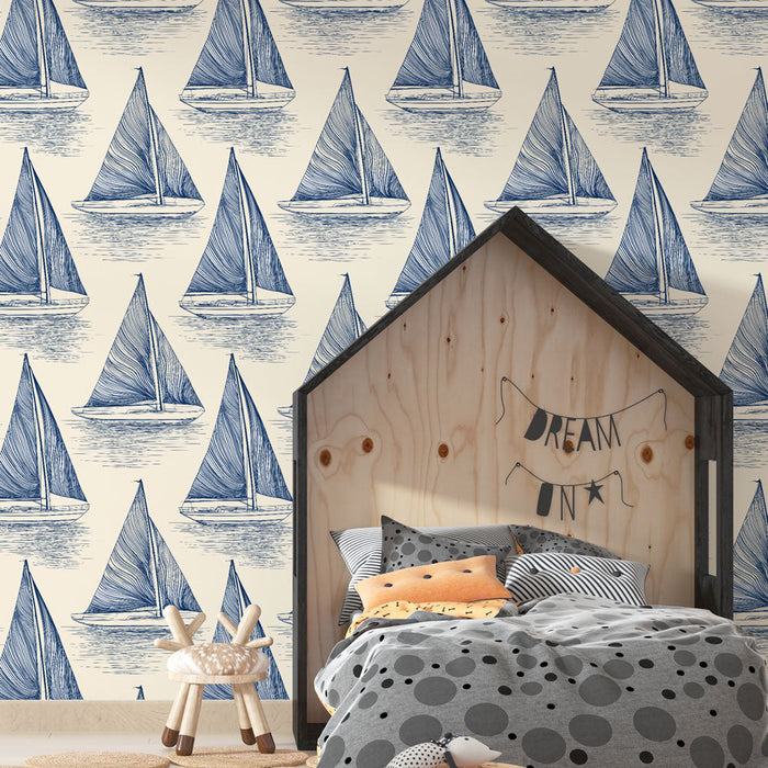 Tapetti purjeveneet | Purjeveneiden kuvio sinisellä kermataustalla