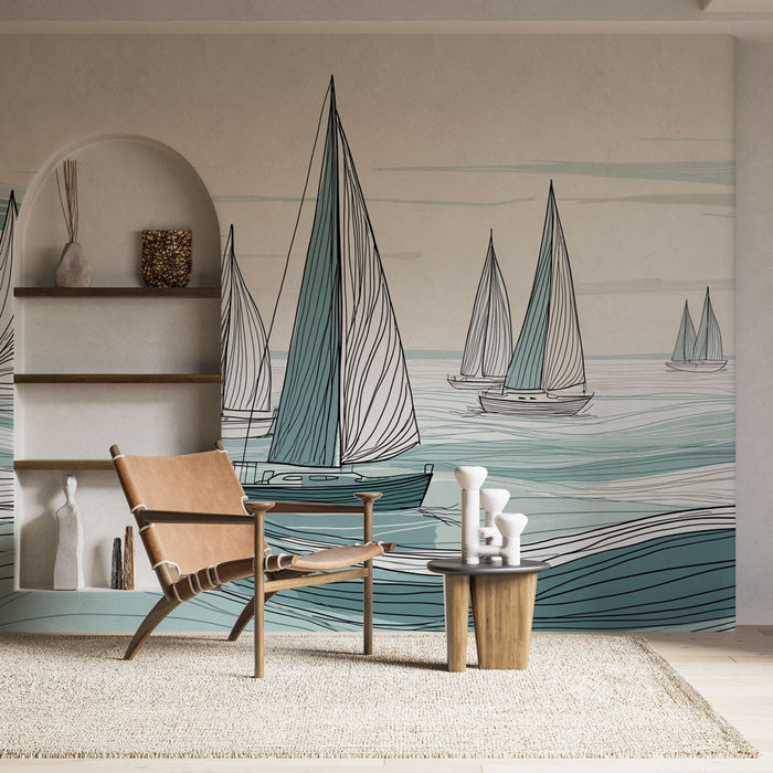 Тапет с морски пейзаж и кораби | Вълни и кораби в акварел