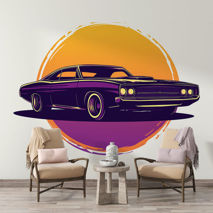 Mural Wallpaper classic car | Retro muscle car design with sunset