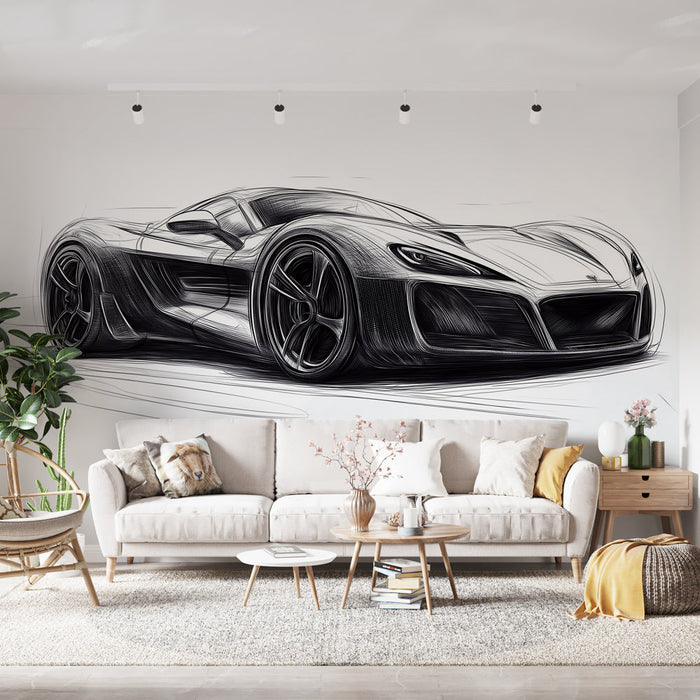 Mural Wallpaper elegant sports car | Dynamic sketch in black and white