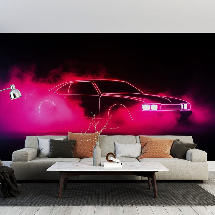 Mural Wallpaper retro car | Retro car illuminated by pink neon lights in a misty background
